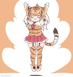 Rule 34 | 1girl, animal ears, animal print, arms up, brown background, brown hair, coroha, elbow gloves, extra ears, full body, garter straps, gloves, jumping, kemono friends, kemono friends 3, long hair, looking at viewer, necktie, shirt, shoes, simple background, skirt, solo, sumatran tiger (kemono friends), tail, thighhighs, tiger ears, tiger girl, tiger print, tiger tail