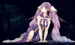 Rule 34 | 1girl, :o, anklet, arm support, bare arms, barefoot, blue eyes, breasts, commentary request, dress, full body, hair ornament, jewelry, large breasts, long hair, looking to the side, manatsuki manata, ningyo hime (sinoalice), parted lips, purple hair, sinoalice, sitting, sleeveless, sleeveless dress, solo, twintails, very long hair, white neckwear, yokozuwari