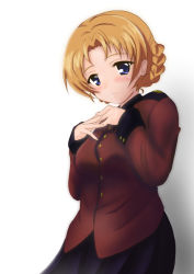 Rule 34 | 1girl, black skirt, blue eyes, braid, closed mouth, commentary, cowboy shot, epaulettes, girls und panzer, gradient background, hands on own chest, inaka pan, jacket, long sleeves, looking at viewer, military, military uniform, miniskirt, orange hair, orange pekoe (girls und panzer), parted bangs, pleated skirt, red jacket, short hair, skirt, smile, solo, st. gloriana&#039;s military uniform, standing, twin braids, uniform, white background