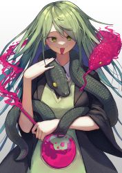 Rule 34 | 1girl, absurdres, collared shirt, deho toiimasu, gradient background, green eyes, green hair, green sweater, grey background, highres, long hair, looking at viewer, original, shadow, shirt, smile, smoke, snake, solo, sweater, tongue, tongue out, upper body, white background, white shirt