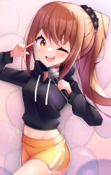 Rule 34 | 1girl, ;d, absurdres, black sweater, breasts, brown hair, commentary, cropped sweater, hand up, highres, holding, holding microphone, idol (rhythm tengoku), lavendeavor, long hair, long sleeves, looking at viewer, medium breasts, microphone, midriff, music, one eye closed, open mouth, pointing, pointing at self, ponytail, rhythm tengoku, shorts, singing, smile, solo, striped clothes, striped shorts, sweater, thighs, yellow shorts