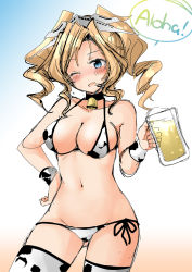 Rule 34 | 1girl, alcohol, animal print, beer, beer mug, bell, bikini, blonde hair, blue eyes, blush, breasts, cleavage, cow print, cowbell, cup, drill hair, english text, gradient background, habara meguru, hand on own hip, headgear, holding, holding cup, honolulu (kancolle), kantai collection, long hair, medium breasts, mug, neck bell, one eye closed, open mouth, side-tie bikini bottom, simple background, sketch, solo, swimsuit, thighhighs, twin drills, twintails, unfinished