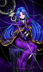 Rule 34 | 1990s (style), blue hair, evil smile, fate/grand order, fate/stay night, fate (series), gloves, grin, highres, holding, holding staff, lipstick, long hair, makeup, medea (fate), nazo no diaboro, pointy ears, purple eyes, purple gloves, retro artstyle, robe, sitting, smile, solo, staff, wand, witch