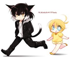 Rule 34 | 2boys, animal ears, black hair, black jacket, black pants, blonde hair, blue eyes, bow, bright pupils, cat boy, cat ears, cat tail, fang, hand in pocket, highres, imotaco nankin, jacket, leg belt, looney tunes, multiple boys, pants, personification, puffy shorts, shirt, short hair, shorts, slit pupils, smile, sylvester (looney tunes), tail, translation request, trap, tweety bird, walking, white background, white pupils, white shirt, yellow bow, yellow eyes, yellow footwear, yellow shirt, yellow shorts