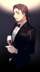 Rule 34 | 1boy, alcohol, bara, bow, bowtie, brown eyes, brown hair, cup, drinking glass, facial hair, fate/grand order, fate (series), formal, gloves, goatee, hector (fate), lj9mcww1oseiibw, looking at viewer, male focus, mature male, open mouth, ponytail, smile, solo, suit, traditional bowtie, tuxedo, white gloves, wine, wine glass