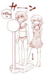 Rule 34 | 2girls, bare shoulders, barefoot, bra, female focus, kazetto, lingerie, lyrica prismriver, merlin prismriver, monochrome, multiple girls, negligee, panties, short hair, siblings, sisters, sketch, standing, touhou, underwear, underwear only, weighing scale