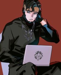 Rule 34 | 1boy, animification, apex legends, black eyes, black gloves, black hair, black pants, black sweater, computer, crypto (apex legends), gloves, hand on own head, highres, jewelry, laptop, long sleeves, looking to the side, male focus, necklace, pants, parted lips, red background, sitting, solo, sweater, thundergotch, undercut