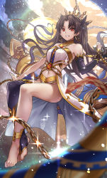 Rule 34 | 1girl, ass, asymmetrical legwear, bare shoulders, barefoot, black hair, breasts, chain, crown, earrings, elbow gloves, fate/grand order, fate (series), feet, gloves, grin, hair ribbon, highres, ishtar (fate), ishtar (fate), jewelry, jupiter (planet), long hair, looking at viewer, medium breasts, navel, no shoes, red eyes, ribbon, single thighhigh, sitting, smile, solo, thighhighs, toeless legwear, toes, tohsaka rin, uneven legwear, yewang19
