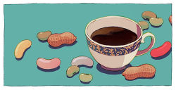 Rule 34 | aqua background, beans, border, coffee, coffee mug, cup, highres, ka (marukogedago), mug, original, peanut, white border
