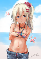 Rule 34 | 1girl, artist name, beach, bikini, blonde hair, blue eyes, blue shorts, blue sky, cloud, commentary request, cowboy shot, dated, day, denim, denim shorts, flat chest, fyuo, grecale (kancolle), highres, kantai collection, long hair, looking at viewer, multicolored bikini, multicolored clothes, navel, outdoors, shorts, side ponytail, sky, smile, solo, swimsuit, tan, wavy hair