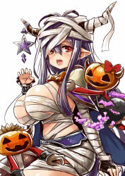 Rule 34 | 1girl, antenna hair, bandages, black hair, blush, bow, breasts, claw pose, danua, doll, draph, granblue fantasy, gretel (granblue fantasy), hair between eyes, halloween, hansel (granblue fantasy), horn ornament, horns, jack-o&#039;-lantern, large breasts, long hair, looking at viewer, open mouth, pointy ears, red bow, red eyes, revision, sitting, sketch, star (symbol), unname, white background