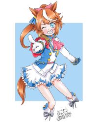 Rule 34 | 1girl, animal ears, blue background, blue eyes, boots, border, bow, dated, dress, gloves, hair bow, horse ears, horse girl, horse tail, knee boots, looking at viewer, multicolored hair, neckerchief, one eye closed, outside border, pink bow, reaching, reaching towards viewer, red hair, red neckerchief, signature, solo, streaked hair, tail, teeth, tokai teio (umamusume), tsuchiki kazutoshi, umamusume, white border, white gloves