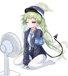 Rule 34 | 1girl, armband, between legs, black hat, black jacket, black shorts, black tail, blue archive, blue armband, blue necktie, blush, demon tail, earrings, electric fan, fang, gloves, green hair, green halo, hair between eyes, halo, hand between legs, hat, highres, jacket, jewelry, long hair, long sleeves, necktie, nozomi (blue archive), one eye closed, open clothes, open jacket, pantyhose, peaked cap, pointy ears, shirt, shorts, simple background, sitting, skin fang, solo, sweat, tail, twintails, wariza, white background, white gloves, white pantyhose, white shirt, yellow eyes, yoru! (0aurxxx)