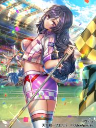 Rule 34 | 1girl, black hair, blue sky, braid, breasts, checkered flag, cowboy shot, day, fingerless gloves, flag, gloves, holding, holding flag, jacket, large breasts, long hair, looking back, official art, outdoors, pencil skirt, pink jacket, purple eyes, purple skirt, race queen, shiny clothes, sila (carpen), skirt, sky, smile, solo, stadium, standing, striped clothes, striped legwear, striped thighhighs, sunlight, tenka touitsu chronicle, thighhighs, very long hair, watermark, white gloves, white legwear
