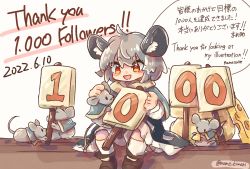 Rule 34 | 1girl, :d, animal ears, blush, cheese, chinese zodiac, dress, english text, food, grey hair, happy new year, highres, long sleeves, mame komari, mouse (animal), mouse ears, mouse tail, nazrin, new year, open mouth, red eyes, short hair, smile, tail, touhou, twitter username, year of the rat