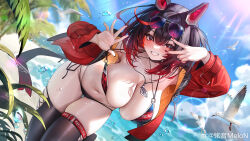 1girl absurdres animal_ears arm_up armpits bare_shoulders bent_over bikini black_bikini black_choker black_hair black_thighhighs breasts character_request choker cleavage day eyewear_on_head fake_animal_ears gradient_hair grin halterneck highres indie_virtual_youtuber jacket jewelry large_breasts leaning_forward long_hair long_sleeves looking_at_viewer meion multi-strapped_bikini_bottom multi-strapped_bikini_top multicolored_hair nail_polish navel necklace off_shoulder official_art one_side_up open_clothes open_jacket outdoors pulling_own_clothes red_eyes red_hair red_jacket side-tie_bikini_bottom skindentation smile solo standing stomach strap_pull string_bikini sunglasses sunlight swimsuit thigh_gap thighhighs thighs tinted_eyewear two-tone_hair v virtual_youtuber wet