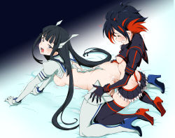 Rule 34 | 2girls, absurdres, anal, ass, black gloves, black hair, black legwear, blush, breasts, clenched teeth, closed eyes, commentary, commission, cum, cum in ass, english commentary, eudetenis, futanari, gloves, gradient background, grey background, highres, junketsu, kill la kill, kiryuuin satsuki, kneeling, large breasts, long hair, long sleeves, matoi ryuuko, miniskirt, multicolored hair, multiple girls, newhalf, open mouth, penis, red gloves, red hair, red legwear, second-party source, senketsu, sex, sex from behind, short hair, skirt, small breasts, suspenders, teeth, thighhighs, two-tone hair