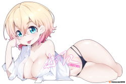Rule 34 | 1girl, aqua eyes, bare legs, blonde hair, breasts, buttons, cleavage, closed mouth, collarbone, commentary, curvy, earrings, english commentary, full body, gradient hair, hair between eyes, hot vr, jacket, jewelry, kanojo okarishimasu, large breasts, lying, multicolored hair, nanami mami, no bra, on side, paid reward available, panties, pink hair, short hair, simple background, solo, tongue, tongue out, two-tone hair, underwear, white background, white jacket, wide hips