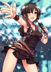 Rule 34 | 10s, 1girl, armpits, backlighting, belt, black skirt, blush, bracelet, brown eyes, brown hair, buckle, collarbone, contrapposto, cowboy shot, final fantasy, final fantasy xv, foreshortening, glint, go-it, holding, holding microphone, iris amicitia, jewelry, jpeg artifacts, legs apart, looking at viewer, matching hair/eyes, microphone, necklace, open mouth, outstretched arm, plaid, plaid skirt, polka dot, sample watermark, short hair, skirt, sleeveless, smile, solo, sparkle, spotlight, standing, tassel, watermark, wristband