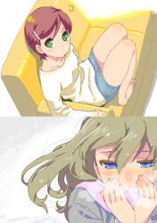 Rule 34 | 2girls, barefoot, blue eyes, breath, cold, colored eyelashes, couch, eyelashes, green eyes, hair ornament, hairclip, looking up, mattaku mousuke, multiple girls, original, scarf, snow