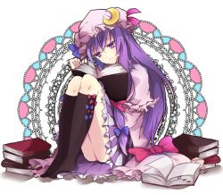 Rule 34 | 1girl, bad id, bad pixiv id, black socks, bonnet, book, book stack, bow, crescent, crescent moon, doily, female focus, flower, frills, hair between eyes, hair bow, hat, head tilt, kneehighs, knees to chest, long hair, long sleeves, moon, no shoes, open book, patchouli knowledge, purple eyes, purple hair, reading, sitting, skirt, socks, solo, touhou, very long hair, white background, yuzuru (xxelysionxx)