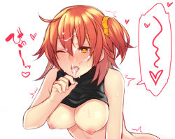 Rule 34 | 1girl, ahoge, bare arms, bare shoulders, blush, breasts, breasts out, clothes lift, cum, cum in mouth, cum on hair, facial, fate/grand order, fate (series), fellatio gesture, fujimaru ritsuka (female), hair between eyes, hair ornament, hair scrunchie, hanging breasts, heart, heart-shaped pupils, hira (daphne), leaning forward, medium breasts, motion lines, naughty face, nipples, nose blush, one side up, open mouth, orange hair, scrunchie, simple background, sleeveless, solo, speech bubble, sweatdrop, symbol-shaped pupils, tongue, tongue out, trembling, upper body, white background, yellow eyes, yellow scrunchie