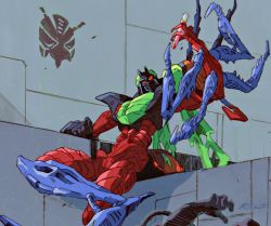 Rule 34 | 1990s (style), 1boy, arthropod limbs, asymmetrical arms, beast wars, beast wars: transformers, bug, chemicals, insect wings, insecticon, locust, marble-v, mecha, organic, predacon, red eyes, retro artstyle, robot, scientist, scourge (beast wars), scourge (transformers), sitting, symbol, test tube, transformers, wall, wings