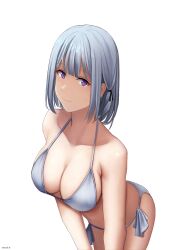 Rule 34 | 1girl, absurdres, alternate costume, artist name, bare shoulders, bikini, breasts, cleavage, closed mouth, collarbone, cozie178, feet out of frame, girls&#039; frontline, grey hair, highres, leaning forward, looking at viewer, medium breasts, medium hair, one-piece swimsuit, purple eyes, rpk-16 (girls&#039; frontline), smile, solo, standing, swimsuit, white background, white bikini, white one-piece swimsuit