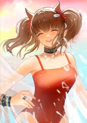 Rule 34 | 1girl, angelina (arknights), angelina (summer flower) (arknights), animal ears, arknights, bare shoulders, bow, bracelet, brown hair, closed eyes, fox ears, highres, infection monitor (arknights), jewelry, official alternate costume, one-piece swimsuit, red bow, red one-piece swimsuit, ring, short hair, silver neckwear, smile, solo, splashing, swimsuit, twintails, ufoliving