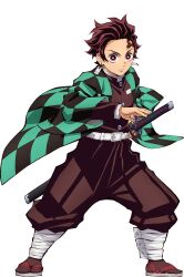 Rule 34 | 1boy, brown hair, brown jacket, brown pants, chibi, closed mouth, eating, fighting stance, full body, highres, jacket, kamado tanjirou, katana, kimetsu no yaiba, kimetsu no yaiba hinokami keppuutan, light frown, long sleeves, looking at viewer, male focus, official art, open clothes, pants, puffy pants, ready to draw, red eyes, scar, scar on face, scar on forehead, sheath, sheathed, simple background, solo, standing, sword, v-shaped eyebrows, weapon, white background, wide sleeves