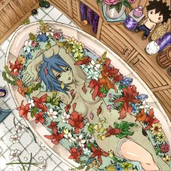 Rule 34 | 1girl, bath, blue hair, breasts, colorized, fairy tail, highres, juvia lockser, large breasts, looking at viewer, mashima hiro, navel, nude