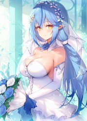 Rule 34 | 1girl, bare shoulders, blue flower, blue hair, blue rose, blush, bouquet, breasts, bridal veil, center frills, cleavage, closed mouth, commentary request, detached collar, dress, elbow gloves, flower, frills, gloves, hair flower, hair ornament, haoni, holding, holding bouquet, hololive, large breasts, long hair, looking at viewer, low twintails, pillar, pointy ears, rose, smile, solo, strapless, strapless dress, twintails, veil, very long hair, virtual youtuber, wedding dress, white dress, white flower, white gloves, white rose, yellow eyes, yukihana lamy