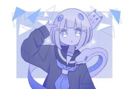 Rule 34 | 1girl, :o, black cardigan, blue background, blue eyes, blue neckerchief, blue theme, blunt bangs, blunt ends, bob cut, cardigan, cathead, commentary, diamond (shape), finger gun, finger gun to head, forked tongue, ghost, hair ornament, hairclip, highres, long sleeves, looking at viewer, multicolored background, neckerchief, no nose, nostrils, omochi noa, original, pleated skirt, sailor collar, school uniform, serafuku, shirt, short hair, simple background, skirt, sleeves past wrists, snake, solid oval eyes, solo, sparkle, tongue, triangle, uniform, upper body, white background, x hair ornament