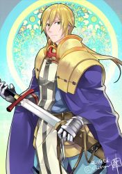 Rule 34 | 1boy, armor, blonde hair, blue cape, blue pants, blue shirt, cape, closed mouth, commentary request, cowboy shot, cross, crusader (ragnarok online), dated, eizennn, expressionless, gauntlets, green eyes, hair between eyes, holding, holding sword, holding weapon, long hair, long sleeves, looking at viewer, male focus, pants, pauldrons, ragnarok online, scabbard, sheath, shirt, shoulder armor, signature, single bang, solo, standing, sword, tabard, weapon