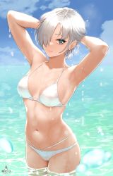 Rule 34 | 1girl, bikini, blue sky, breasts, cleavage, closed mouth, cloud, commentary request, cowboy shot, day, grey hair, hair over one eye, highres, infinote, large breasts, looking at viewer, navel, ocean, original, outdoors, sashou mihiro, short hair, sky, solo, swimsuit, white bikini