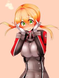 Rule 34 | 10s, 1girl, anchor hair ornament, blonde hair, blush, breasts, flying sweatdrops, full-face blush, gloves, green eyes, hair ornament, hands on own cheeks, hands on own face, highres, kantai collection, long hair, md5 mismatch, open mouth, prinz eugen (kancolle), resized, solo, sweat, tsukui kachou, twintails, upper body, white gloves
