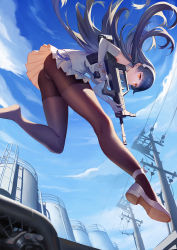 Rule 34 | 1girl, ass, assault rifle, bad id, bad pixiv id, bare shoulders, black hair, bullpup, closed mouth, cloud, cloudy sky, day, elbow gloves, girls&#039; frontline, gloves, gun, hairband, highres, holding, holding weapon, jiaotache, long hair, looking at viewer, orange eyes, outdoors, pantyhose, pleated skirt, qbz-95, rifle, scenery, shoes, skirt, sky, sleeveless, solo, trigger discipline, type 95 (girls&#039; frontline), very long hair, weapon, white gloves