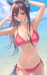 Rule 34 | 1girl, absurdres, animal ears, arms up, beach, bikini, black hair, blue sky, breasts, cleavage, cloud, collarbone, commentary request, cowboy shot, day, highres, horizon, horse ears, horse girl, horse tail, huziko32, large breasts, looking at viewer, mejiro dober (umamusume), mouth hold, narrow waist, navel, ocean, outdoors, ponytail, red bikini, rubber band, side-tie bikini bottom, sky, solo, swimsuit, tail, umamusume