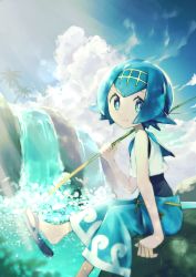 Rule 34 | 1girl, bird, blue eyes, blue hair, blue pants, closed mouth, cloud, commentary, creatures (company), day, fishing rod, flip-flops, game freak, gen 3 pokemon, hairband, highres, holding, holding fishing rod, lana (pokemon), looking at viewer, nintendo, one-piece swimsuit, outdoors, palm tree, pants, pokemon, pokemon (creature), pokemon sm, rindoriko, sandals, shirt, short hair, sitting, sky, sleeveless, smile, swimsuit, swimsuit under clothes, tree, trial captain, water, waterfall, wingull