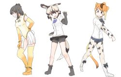 Rule 34 | 3girls, :&gt;, african wild dog (kemono friends), african wild dog print, alternate costume, animal ears, anklet, bare shoulders, bear ears, bear tail, bike shorts, blonde hair, blush, boots, bow, bowtie, bracelet, brown bear (kemono friends), brown hair, circlet, collared shirt, commentary request, cosplay, costume switch, denim, denim shorts, dog ears, dog tail, elbow gloves, embarrassed, fingerless gloves, footwear bow, gloves, golden snub-nosed monkey (kemono friends), hand on own hip, jewelry, kemono friends, leotard, light brown hair, long sleeves, monkey ears, monkey tail, multicolored hair, multiple girls, pantyhose, pleated skirt, rumenia (ao2is), shirt, shoes, short hair, short shorts, short sleeves, shorts, shorts under skirt, skirt, tail, thighhighs