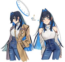 Rule 34 | 1girl, bare shoulders, black hair, blue bow, blue bowtie, blue eyes, blue hair, blunt bangs, blunt ends, blush, boros (ouro kronii), bow, bowtie, breasts, brown coat, buttons, coat, colored inner hair, cowboy shot, denim, detached sleeves, earrings, eus ing, from side, glasses, grin, hair intakes, halo, hands in pockets, heart, high-waist pants, hime cut, hololive, hololive english, jeans, jewelry, keyring, large breasts, long hair, long sleeves, looking at viewer, looking down, multicolored hair, multiple earrings, multiple views, official alternate costume, official alternate hair length, official alternate hairstyle, open clothes, open coat, ouro kronii, ouro kronii (casual), pants, shirt, sidelocks, simple background, smile, standing, straight hair, tented shirt, turtleneck, two-tone hair, virtual youtuber, watch, white background, white shirt