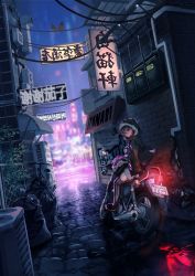 Rule 34 | 1girl, absurdres, air conditioner, alley, anarchy symbol, bad id, bad twitter id, bicycle, bird on wire, black thighhighs, brand name imitation, brown eyes, brown hair, building, bush, chain-link fence, chinese text, city, city lights, cobblestone, dlop 6, electrical meter, electricity meter, fence, fur-trimmed jacket, fur trim, glasses, highres, hood, hooded jacket, jacket, korean text, license plate, looking at viewer, looking back, motor vehicle, motorcycle, night, on wire, original, outdoors, power lines, road, shorts, sign, skyscraper, solo, storefront, tail lights, thighhighs, translation request, trash bag, vending machine, wet ground