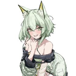 Rule 34 | 1girl, absurdres, animal collar, animal ear fluff, animal ears, arknights, bare shoulders, black choker, breasts, cat ears, cat girl, choker, cleavage, collar, dress, green dress, green eyes, green hair, green jacket, hand on own chest, highres, jacket, kal&#039;tsit (arknights), long sleeves, looking at viewer, material growth, off-shoulder dress, off shoulder, open mouth, oripathy lesion (arknights), short hair, simple background, solo, thighs, tobildesu, white background