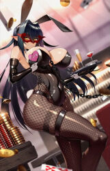 Rule 34 | 1girl, animal ears, annerose vajra, black hair, blue hair, breasts, chain, club, cluseller, coin, gloves, koutetsu no majo annerose, koutetsu no majo anneroze, large breasts, leotard, long hair, looking at viewer, mask, pantyhose, playboy bunny, rabbit ears, rabbit tail, weapon, yellow eyes