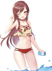 Rule 34 | 1girl, ;d, absurdres, bikini, breasts, brown hair, can, cleavage, collarbone, eyewear on head, groin, heart, heart-shaped eyewear, highres, holding, holding can, idolmaster, idolmaster shiny colors, jewelry, long hair, looking at viewer, mochiko (uyu omochi), navel, necklace, one eye closed, open mouth, osaki amana, red-framed eyewear, red bikini, simple background, small breasts, smile, solo, standing, sunglasses, swept bangs, swimsuit, very long hair, white background, yellow eyes