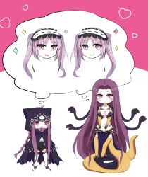 Rule 34 | 2girls, blush, braid, breasts, cleavage, collar, commentary request, dual persona, euryale (fate), fate/grand order, fate (series), gorgon (fate), hairband, heart, highres, hood, hoodie, imagining, lolita hairband, long braid, long hair, medusa (fate), medusa (lancer) (fate), medusa (rider) (fate), multiple girls, navel, no nose, open mouth, purple eyes, purple hair, rider, scales, shared thought bubble, siblings, sidelocks, single braid, sisters, smile, snake hair, snake tail, sparkle, square pupils, stheno (fate), tail, thought bubble, twins, twintails, very long hair, you at pome