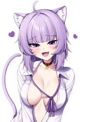 Rule 34 | 1girl, :d, absurdres, ahoge, animal collar, animal ear fluff, animal ears, blush, breasts, cat ears, cat girl, cat tail, cleavage, collar, collarbone, collared shirt, dress shirt, fang, hair between eyes, heart, highres, hololive, large breasts, long sleeves, looking at viewer, metaljelly, neck ribbon, nekomata okayu, nekomata okayu (oversized shirt), no bra, official alternate costume, open clothes, open mouth, open shirt, purple collar, purple eyes, purple hair, purple ribbon, revision, ribbon, shirt, short hair, simple background, smile, solo, tail, upper body, virtual youtuber, white background, white shirt