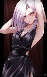 Rule 34 | 1girl, armpits, arms up, black dress, black gloves, blush, bracelet, collarbone, cowboy shot, curtains, dress, earrings, glint, gloves, grey hair, highres, jewelry, long hair, looking back, necklace, original, parted lips, signature, sleeveless, sleeveless dress, solo, takagi mitsukuni, v-shaped eyebrows