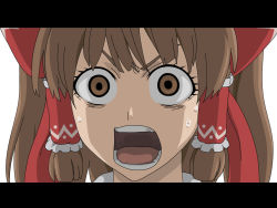 Rule 34 | 1girl, alicia melchiott, bow, brown eyes, brown hair, close-up, female focus, hair bow, hakurei reimu, letterboxed, looking at viewer, open mouth, parody, portrait, red bow, senjou no valkyria, senjou no valkyria (series), senjou no valkyria 1, shaded face, shiro sato, shirosato, sidelocks, solo, surprised, sweatdrop, teeth, tongue, touhou, wide-eyed