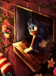 Rule 34 | 1boy, animal ears, artist name, blue hair, closed mouth, day, flower, furry, furry male, gloves, green eyes, happy, highres, ivy, long hair, looking up, male focus, outdoors, pink flower, sitting, smile, solo, sonic (series), sonic the hedgehog, spacecolonie, tail, watermark, white flower, white gloves, window, yellow flower